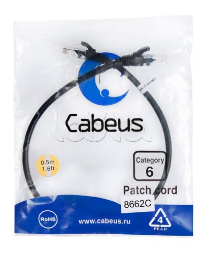 Патч-корд UTP, категория 6, 0.5 м, неэкранированный, черный Cabeus PC-UTP-RJ45-Cat.6-0.5m-BK в Северске Патчкорды (медные) Pintop.ru