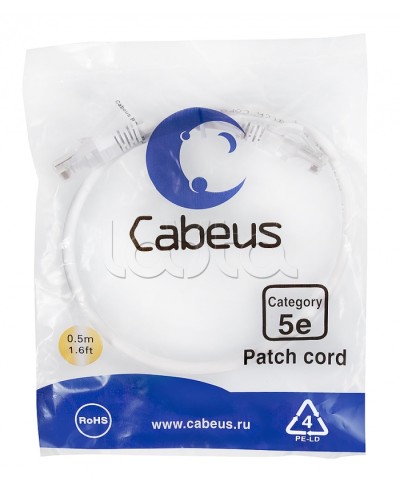 Патч-корд UTP, категория 5e, 0.5 м, неэкранированный, белый Cabeus PC-UTP-RJ45-Cat.5e-0.5m-WH в Северске Патчкорды (медные) Pintop.ru