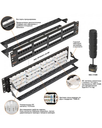 Патч-панель 19, 2U, 48xRJ45 NIKOMAX (NMC-RP48UE2-2U-BK) в Северске Патч панель Pintop.ru