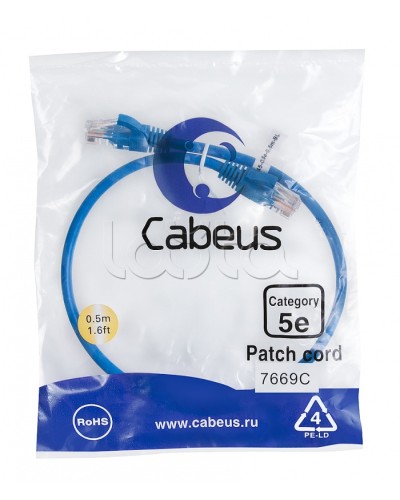 Патч-корд UTP, категория 5e, 0.5 м, неэкранированный, синий Cabeus PC-UTP-RJ45-Cat.5e-0.5m-BL в Северске Патчкорды (медные) Pintop.ru