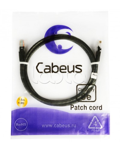 Патч-корд 2xRJ-45/8P8C U/UTP кат.5е (2 м) Cabeus PC-UTP-RJ45-CAT.5E-2M-BK в Северске Патчкорды (медные) Pintop.ru