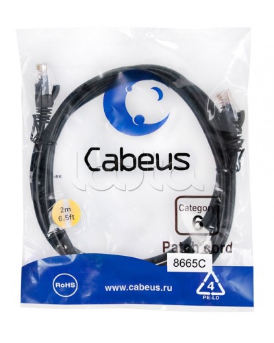 Патч-корд UTP, категория 6, 2 м, неэкранированный, черный Cabeus PC-UTP-RJ45-Cat.6-2m-BK в Северске Патчкорды (медные) Pintop.ru