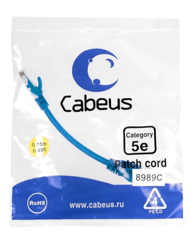 Патч-корд медный U/UTP кат.5е (0,15м) LSZH (синий) Cabeus (PC-UTP-RJ45-Cat.5e-0.15m-BL-LSZH) в Северске Патчкорды (медные) Pintop.ru