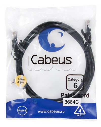 Патч-корд UTP, категория 6, 1.5 м, неэкранированный, черный Cabeus PC-UTP-RJ45-Cat.6-1.5m-BK в Северске Патчкорды (медные) Pintop.ru