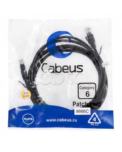 Патч-корд UTP, категория 6, 3 м, неэкранированный, черный Cabeus PC-UTP-RJ45-Cat.6-3m-BK в Северске Патчкорды (медные) Pintop.ru