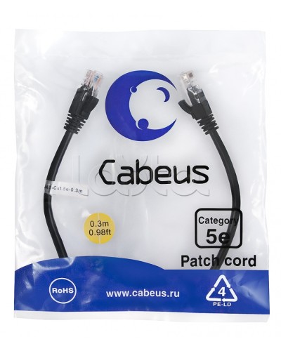 Патч-корд медный U/UTP кат.5е (0,3м) LSZH (черный) Cabeus (PC-UTP-RJ45-Cat.5e-0.3m-BK-LSZH) в Северске Патчкорды (медные) Pintop.ru