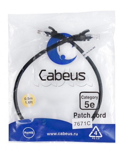 Патч-корд UTP, категория 5e, 0.5 м, неэкранированный, черный Cabeus PC-UTP-RJ45-Cat.5e-0.5m-BK в Северске Патчкорды (медные) Pintop.ru